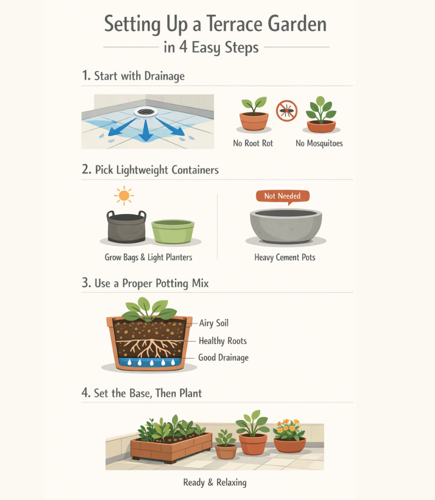 Before placing a single pot, check how water moves across your terrace. 